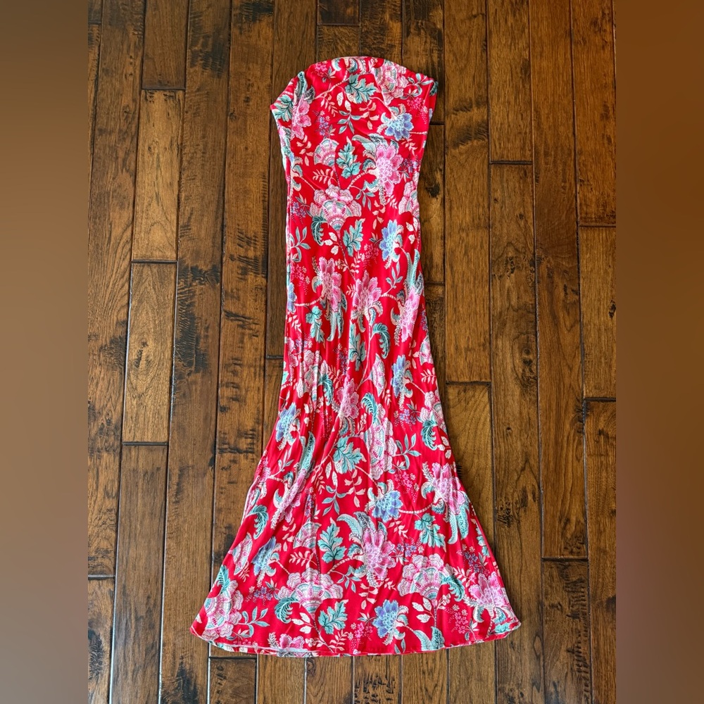 Floral Red Strapless Maxi Dress
